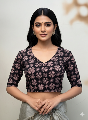 Black Beige V Neck Cotton Stretchable Kalamkari Blouse