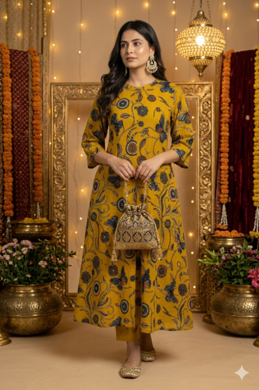 Mustard Yellow Butterfly & Floral Botanical Kalamkari Print Kurta