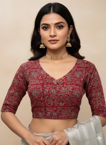 Red V Neck Cotton Stretchable Kalamkari Blouse