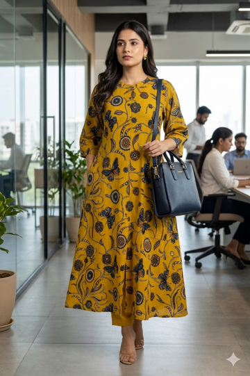 Mustard Yellow Butterfly & Floral Botanical Kalamkari Print Kurta