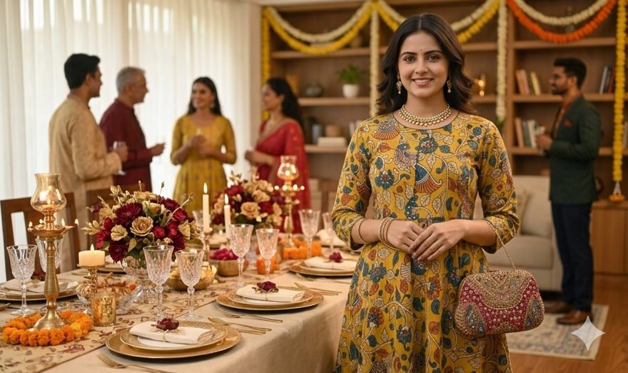 Musturd Yellow Color Floral Printed Kalamkari Umbrella Kurti