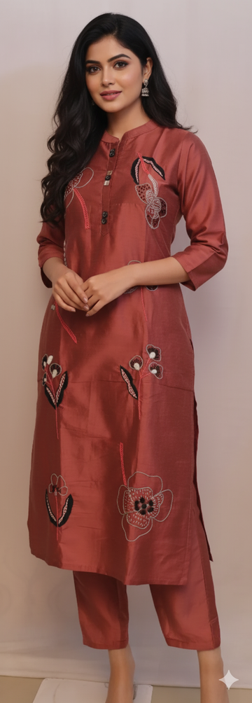 Brick Embroidered kurti set