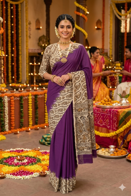 Violet Hand-Block Printed Kalamkari Saree