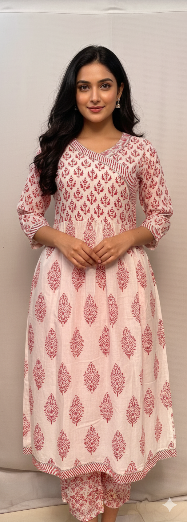 White & Red  Jaipur Cotton Printed Kurti Set