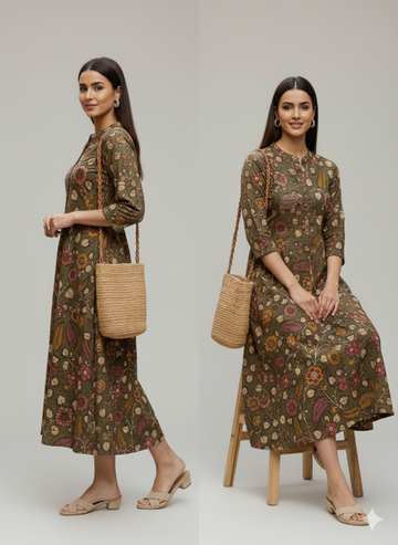 DUSTY GREY KALAMKARI A-LINE KURTI