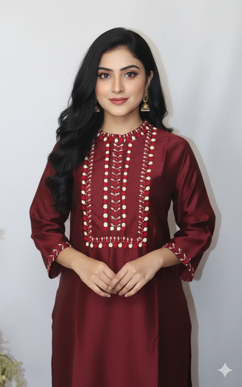 Maroon Hand Embroidery Kurti