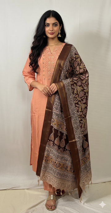 Peach Kurti With Kalamkari Dupatta
