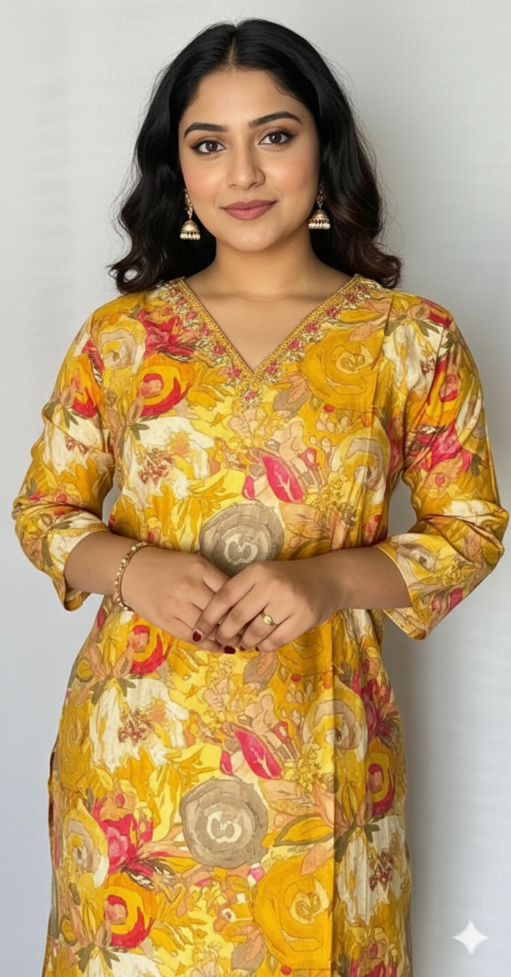Yellow Digital Printed V Neck Floral Kurti