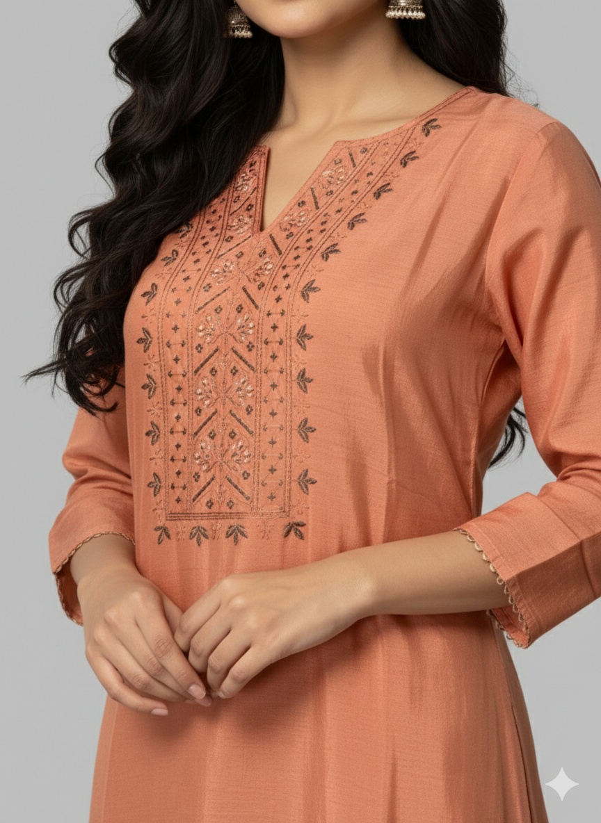 Peach Embroidered  Kurti