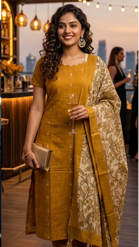 Mustard Yellow Kurti With Kalamkari Duppata