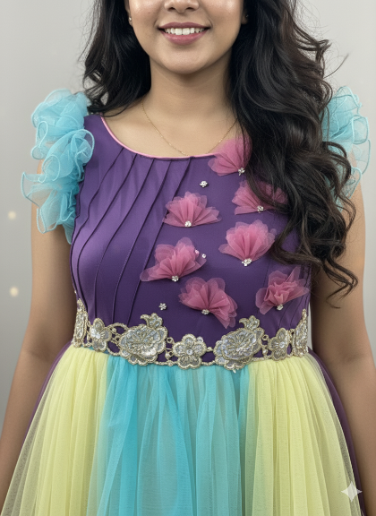 Rainbow Color Soft Net Full Frills Frock