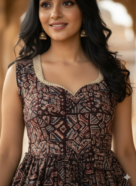 Maroon Sweet Heart Neck Kalamkari Umbrella Frock