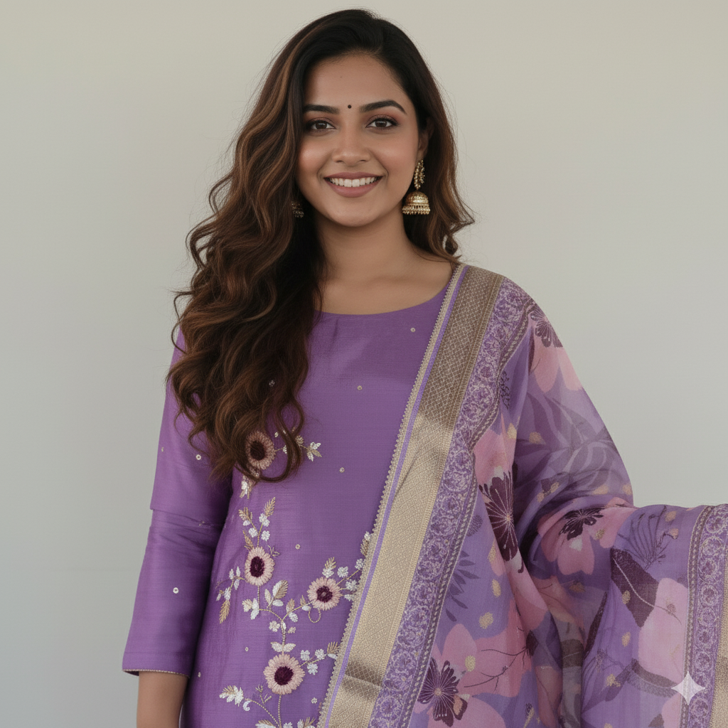 Lavender Embroidered Kurti Set
