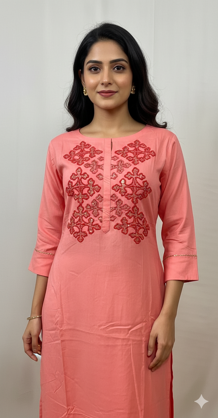 Peach Pink Kurti With Kalamkari Dupatta