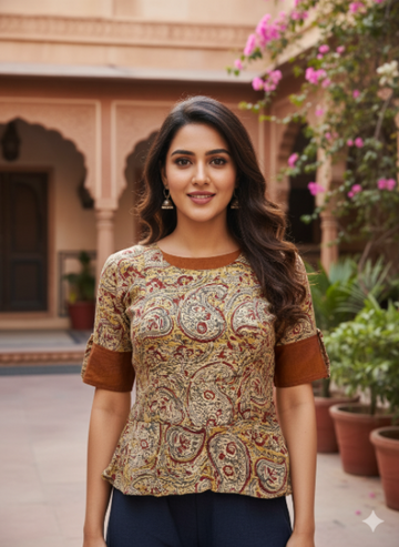 Musturd Yellow Mango Prints Kalamkari Short Top