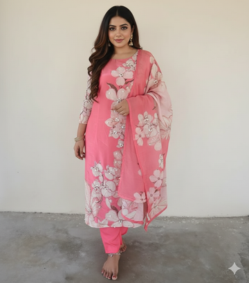 Peach Pink Embroidered  Kurti Set