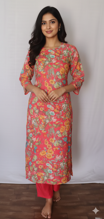 Tomato pink digital printed kurti set