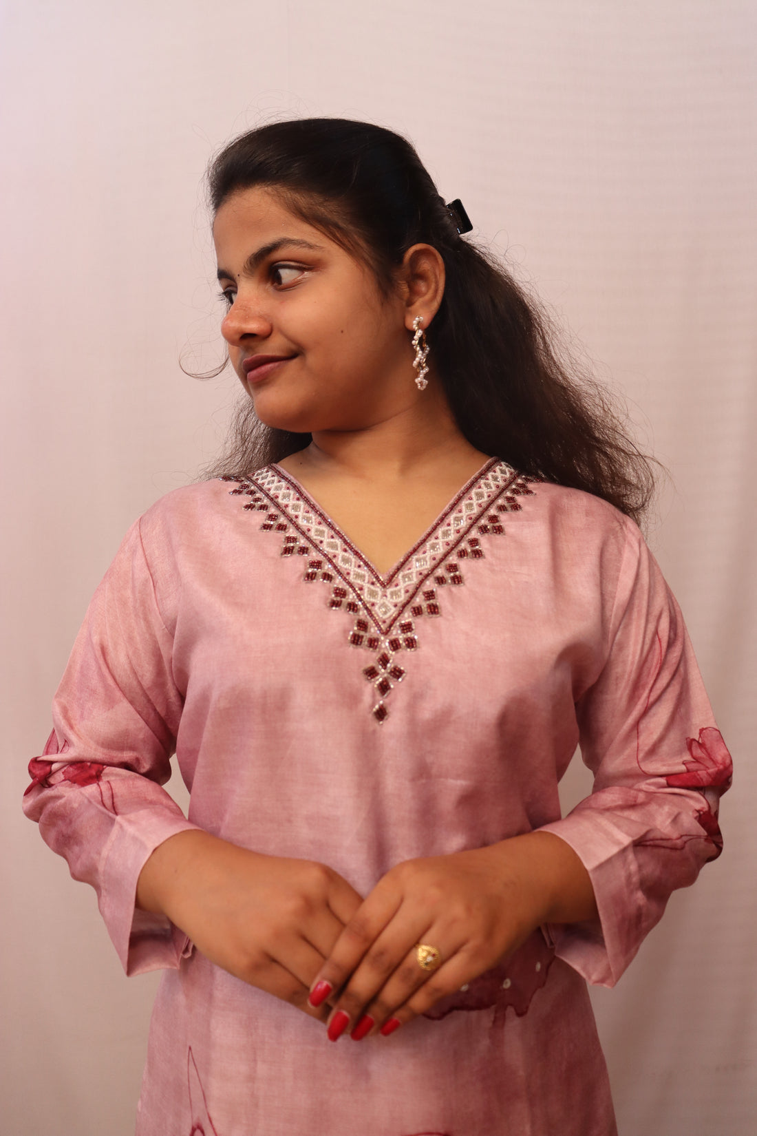 Blush Pink Floral Hand-Painted Kurti Set with Dupatta