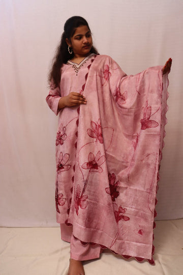Blush Pink Floral Hand-Painted Kurti Set with Dupatta