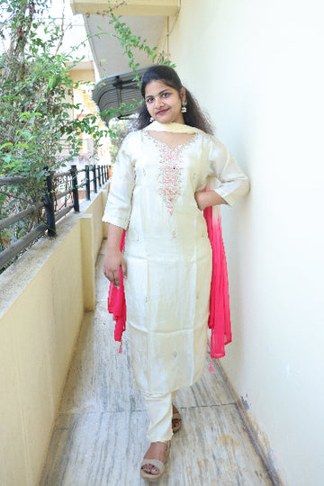 Ivory White Embroidered Straight Kurti Set with Pink Dupatta