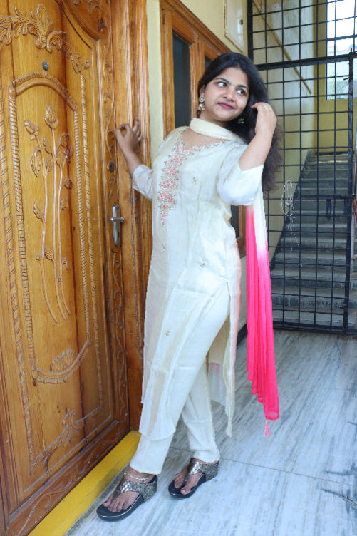 Ivory White Embroidered Straight Kurti Set with Pink Dupatta
