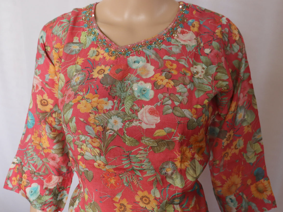 Tomato pink digital printed kurti set