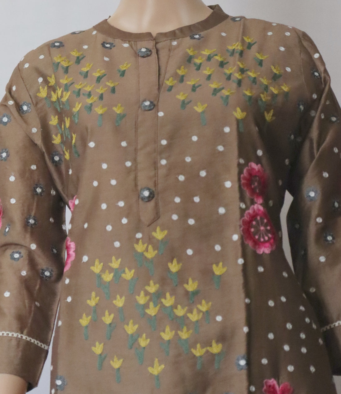 Coffee Thread Embroidered Kurti Set