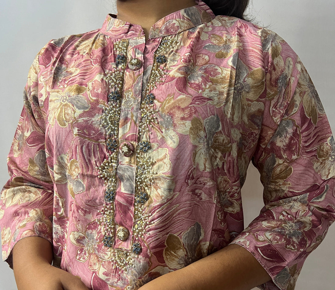 Peach Embroidered Collar Neck Dress