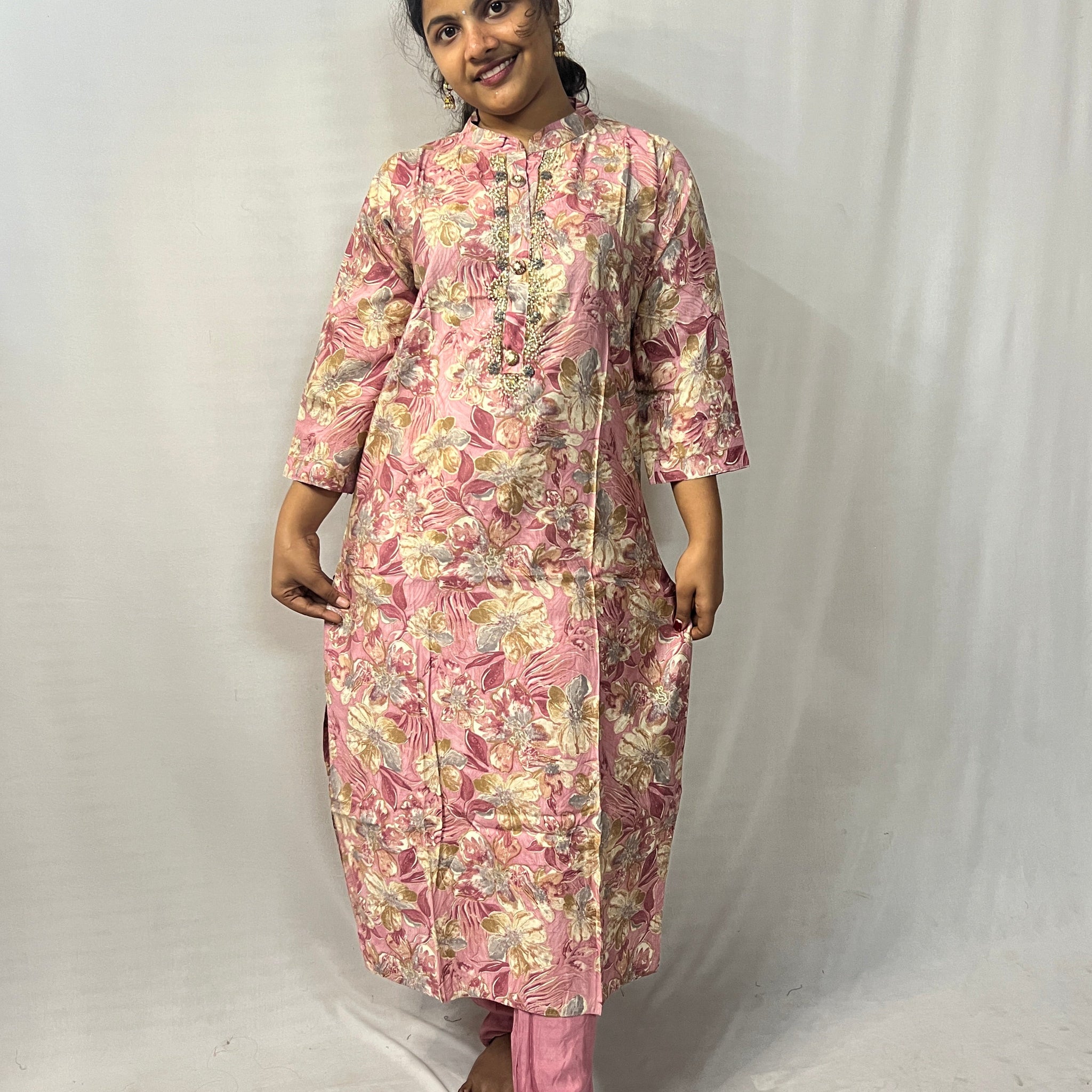 Peach Embroidered Collar Neck Dress