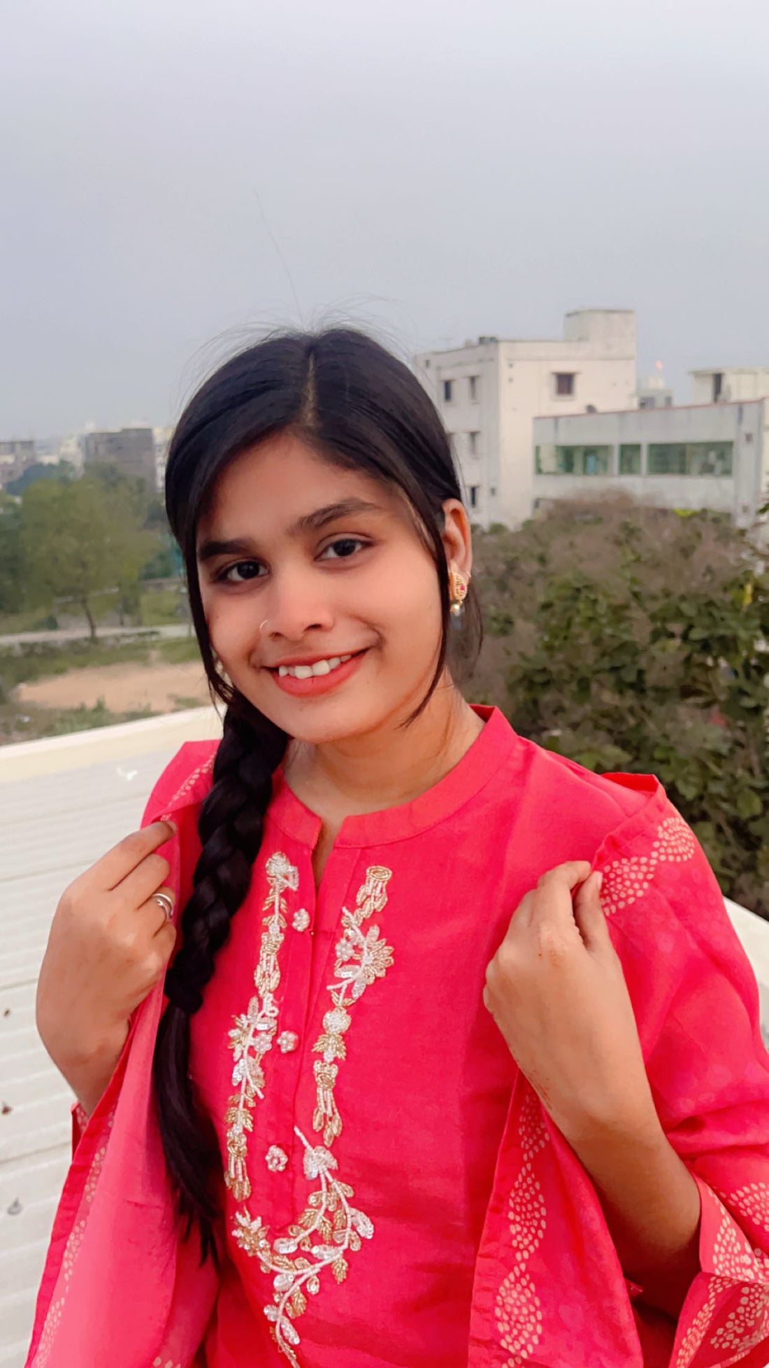 Tomato Pink Tissue 3-Piece Kurti Set