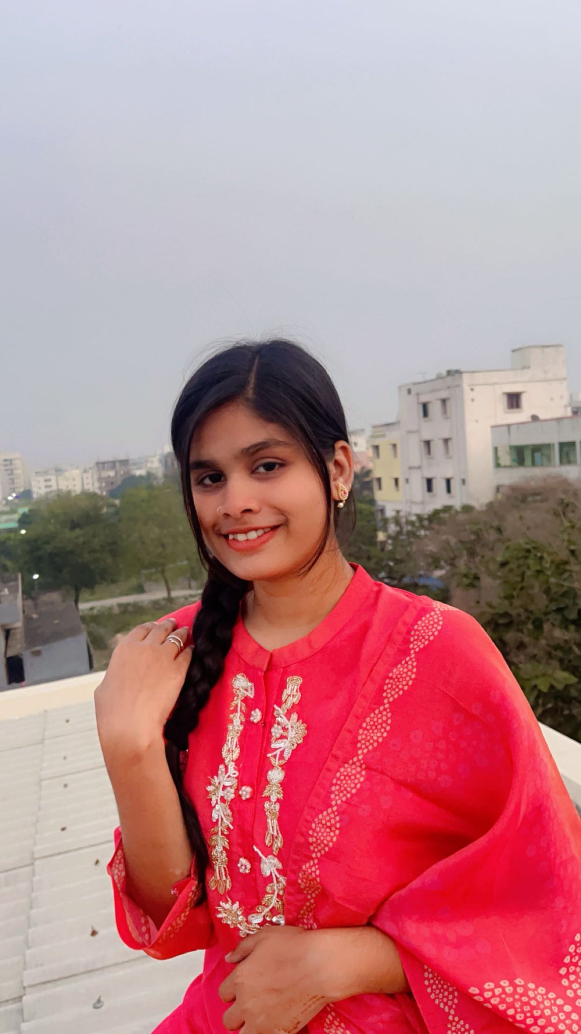 Tomato Pink Tissue 3-Piece Kurti Set