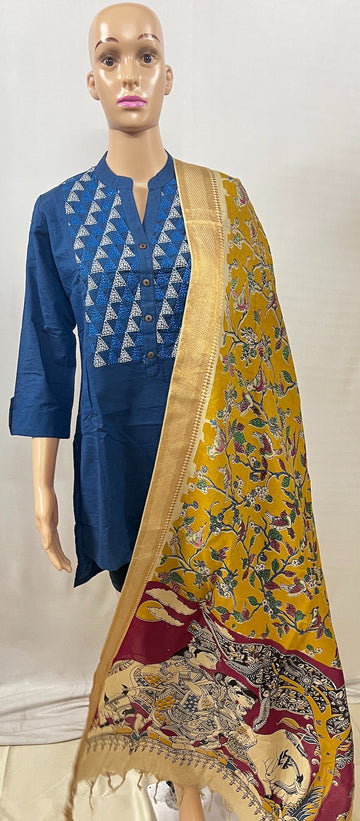 Navy Blue Kurti With Kalamkari Dupatta