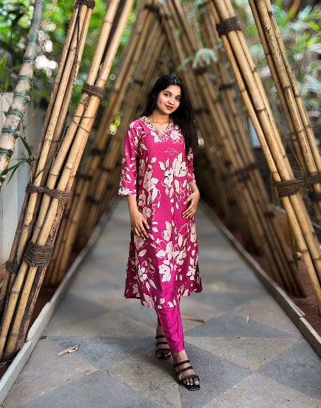 Pink Floral V Neck Embroidery Coord Set