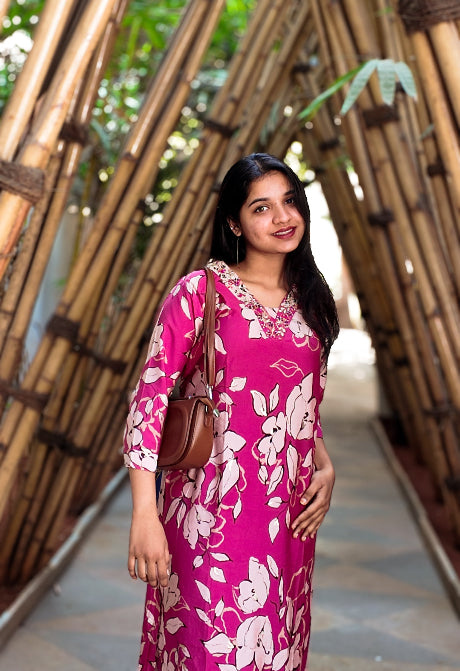 Pink Floral V Neck Embroidery Coord Set