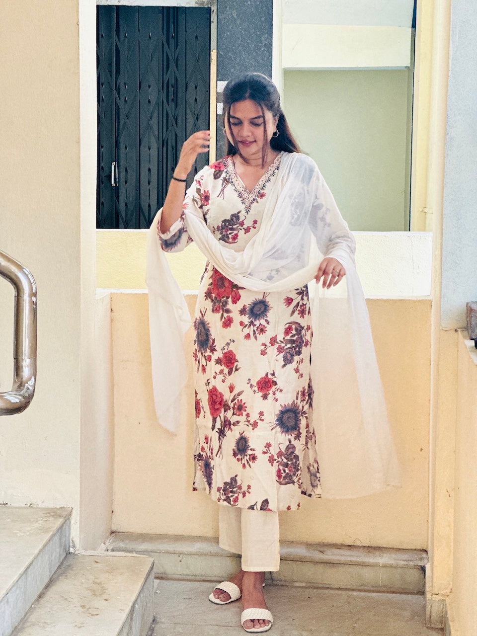 Cream Digital Printed V Neck Hand Embroidery 3Pc Set