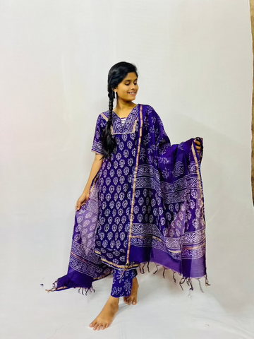 Purple Chanderi Cotton 3 Piece Set