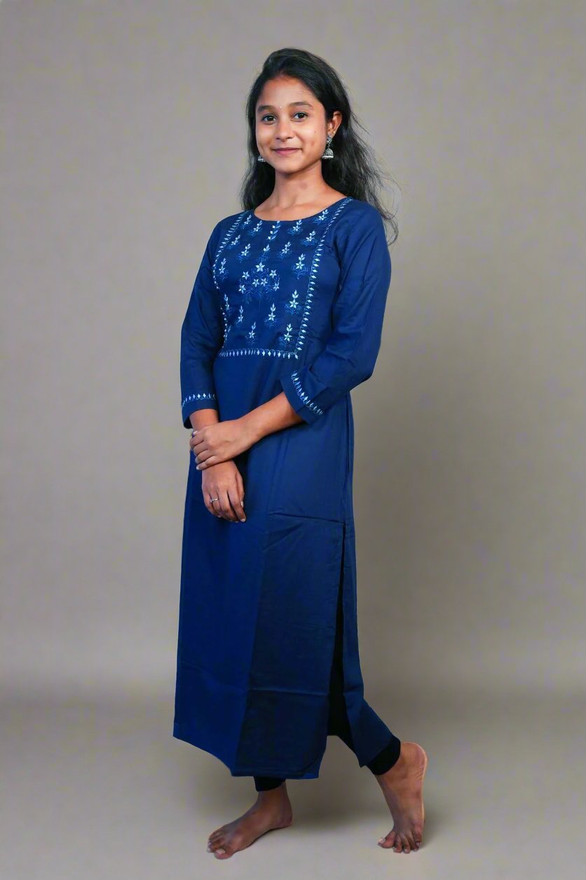 Navy Blue Cotton Embroidered Kurti