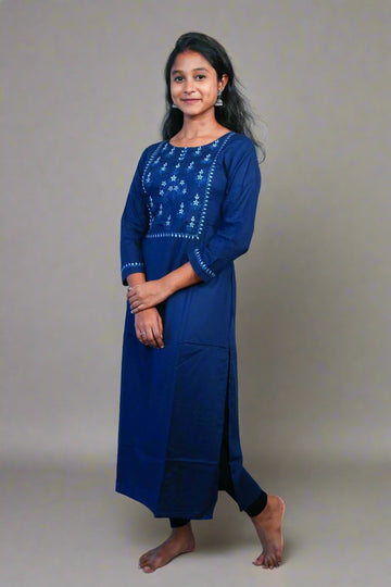 Navy Blue Cotton Embroidered Kurti