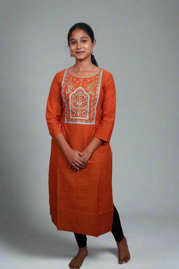 Brick Cotton Embroidered Kurti