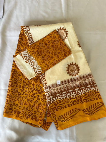 Mustard Yellow & Off-White Handblock Printed Khadi Silk Saree