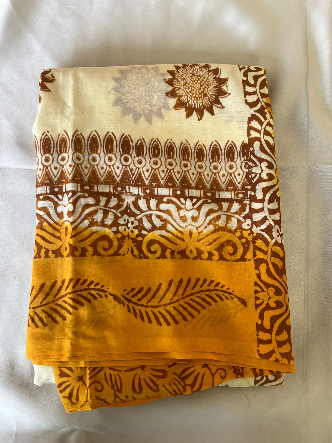 Mustard Yellow & Off-White Handblock Printed Khadi Silk Saree