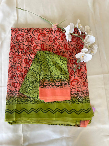 Peach & Olive Khadi Silk Hand-Block Print Saree