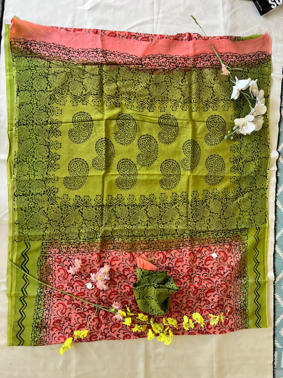 Peach & Olive Khadi Silk Hand-Block Print Saree