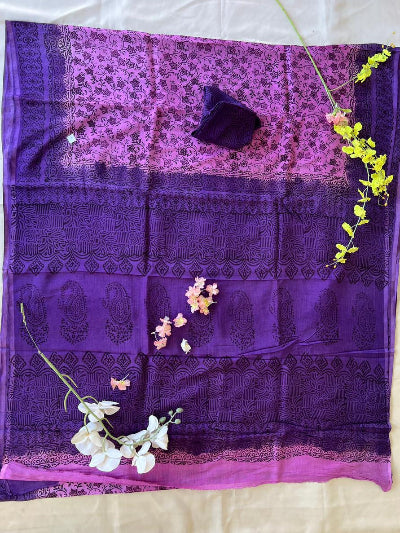 Royal purple Hand-block Printed Khadi Silk Saree with Classic Borders