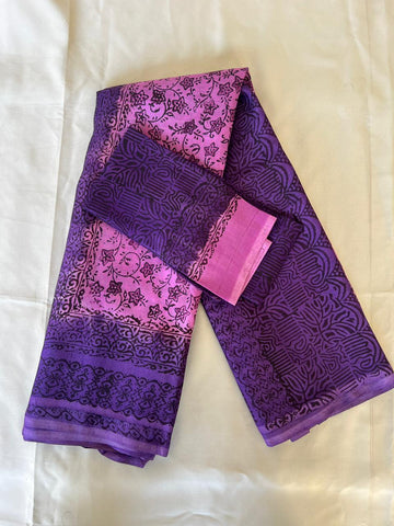 Royal purple Hand-block Printed Khadi Silk Saree with Classic Borders