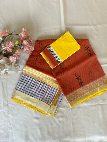 Rust Orange & Mustard Yellow Digital-Print Kota Cotton Saree