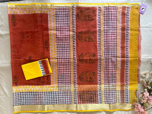 Rust Orange & Mustard Yellow Digital-Print Kota Cotton Saree