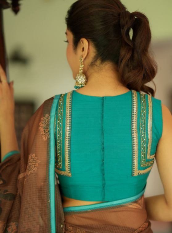 Teal Sleeveless Blouse with Golden Embellished Detailing
