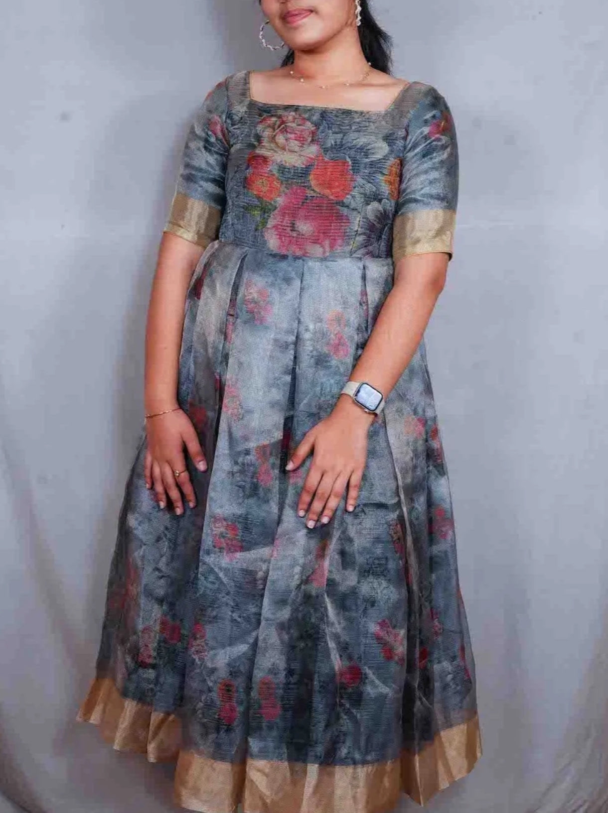 Grey Tissue Pattu Floral Frock