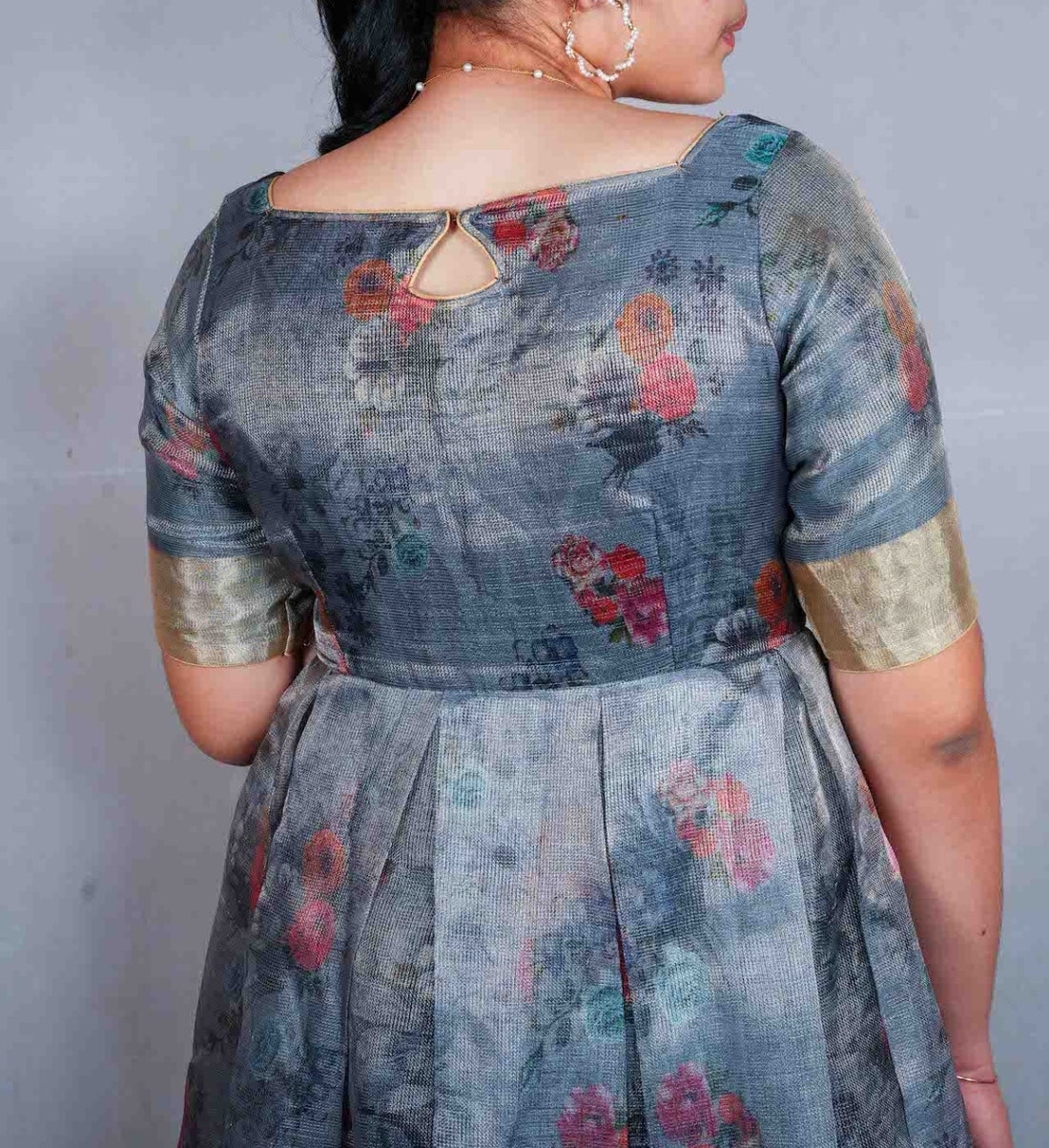 Grey Tissue Pattu Floral Frock
